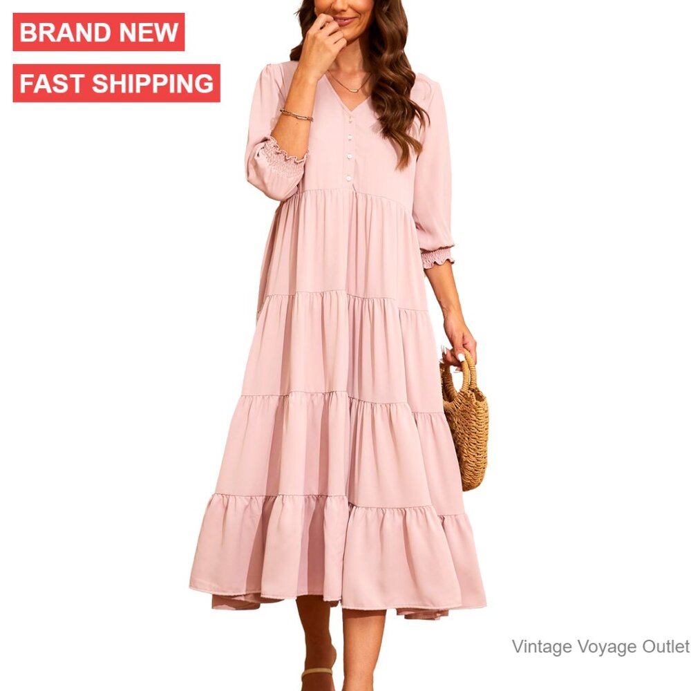 Floral Midi Dress With Puff Sleeves V-Neck High Waist Smocked Casual